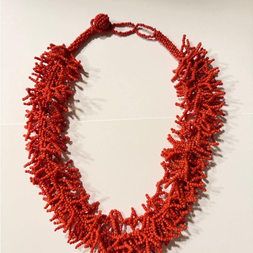 Red Orange Seed Bead Fringe Bib Statement Necklace Adjustable